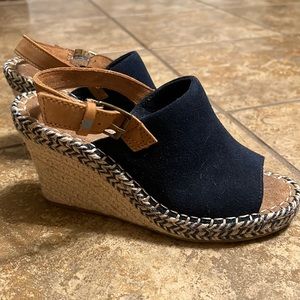 Tom’s brand navy mule wedges.
